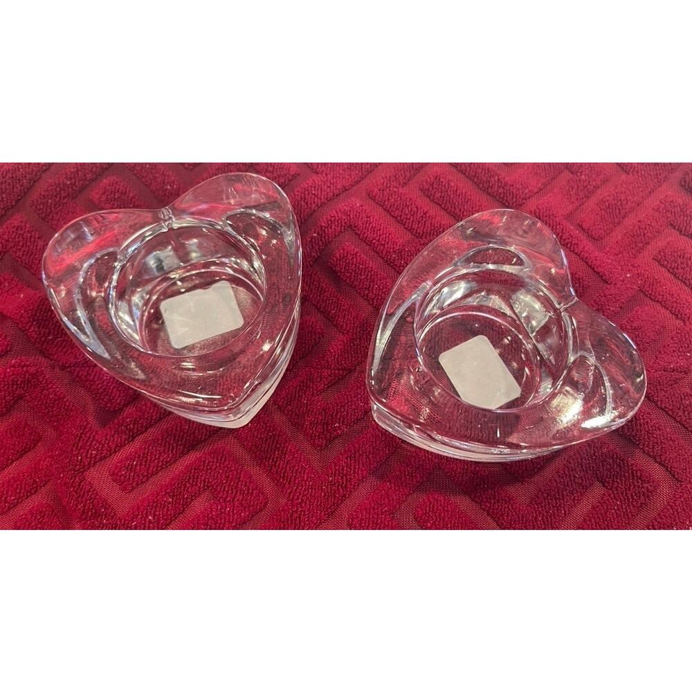 Crate & Barrel clear glass heart shaped tealight candle holders set of two